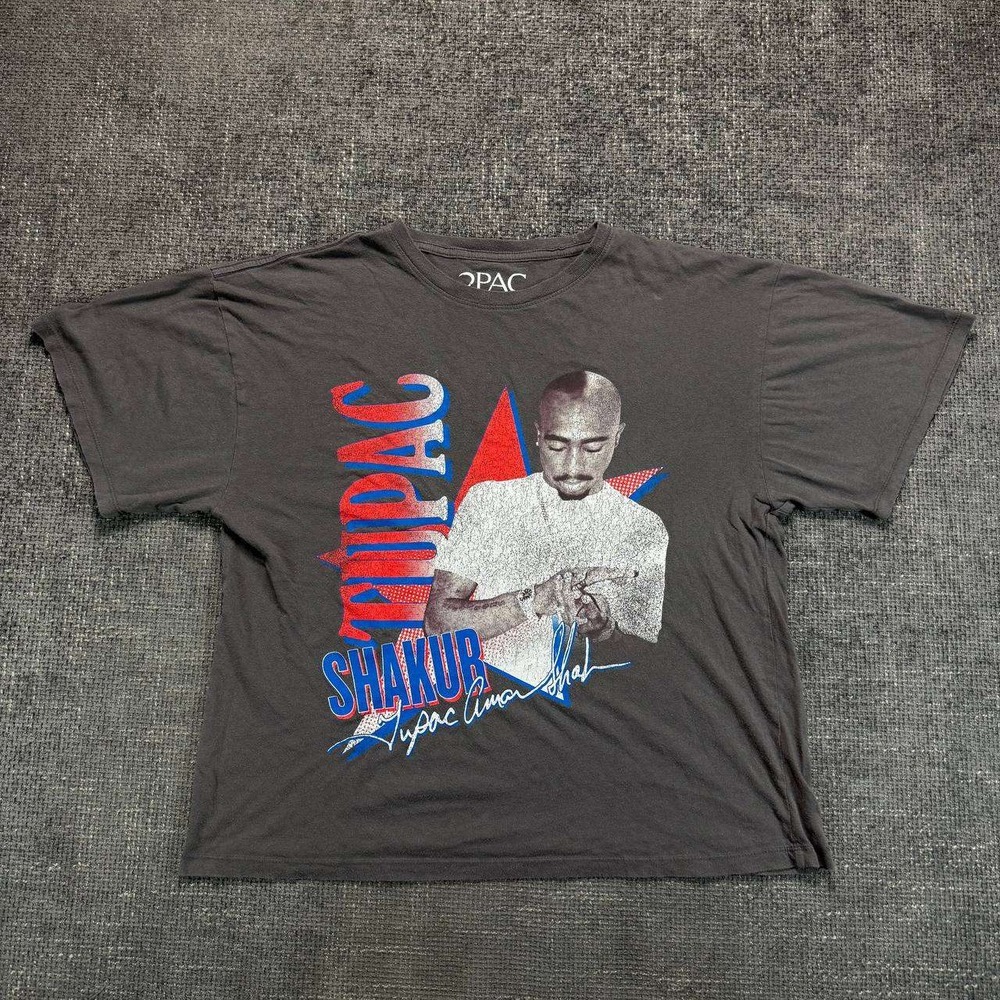 2Pac Shakur Graphic Tee Mens XL Charcoal Grey Cropped Boxy Hip Hop Rap T-Shirt